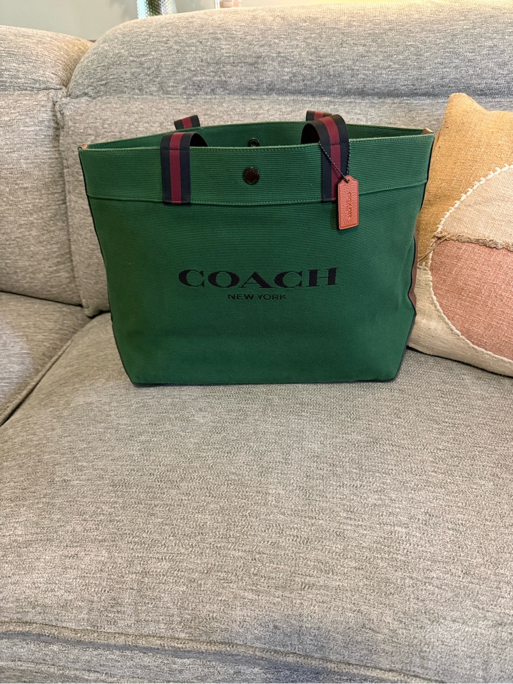 Coach Green Canvas Tote with Navy and Red Striped Handles